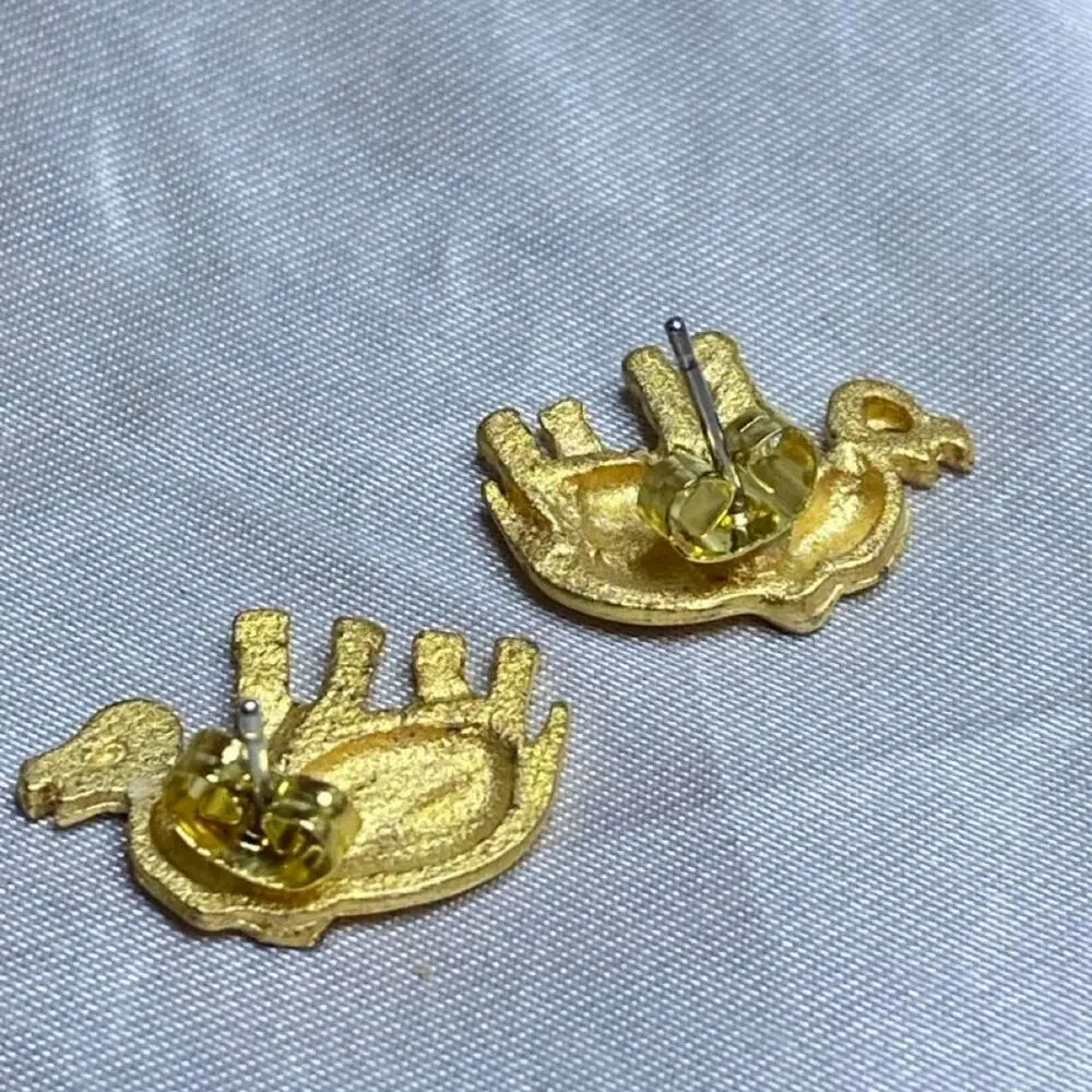 Vintage Gold Tone Elephant Stud Earrings Textured & Polished Figural Safari